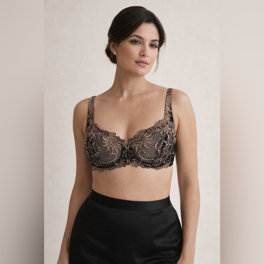 Lunaire 36D Bra Black Taupe Sevilla Embroidered Underwire Sheer Lace Mesh 14011